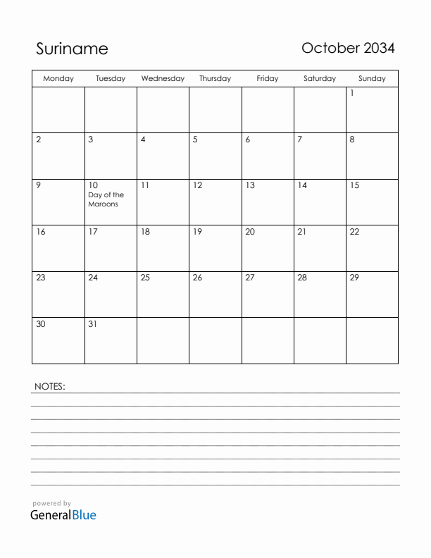 October 2034 Suriname Calendar with Holidays (Monday Start)