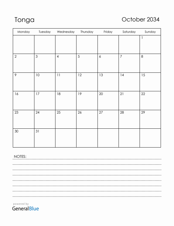 October 2034 Tonga Calendar with Holidays (Monday Start)