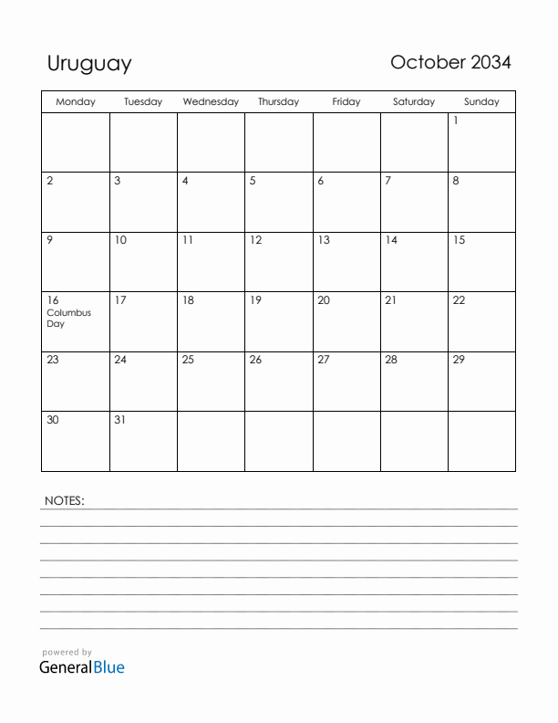 October 2034 Uruguay Calendar with Holidays (Monday Start)