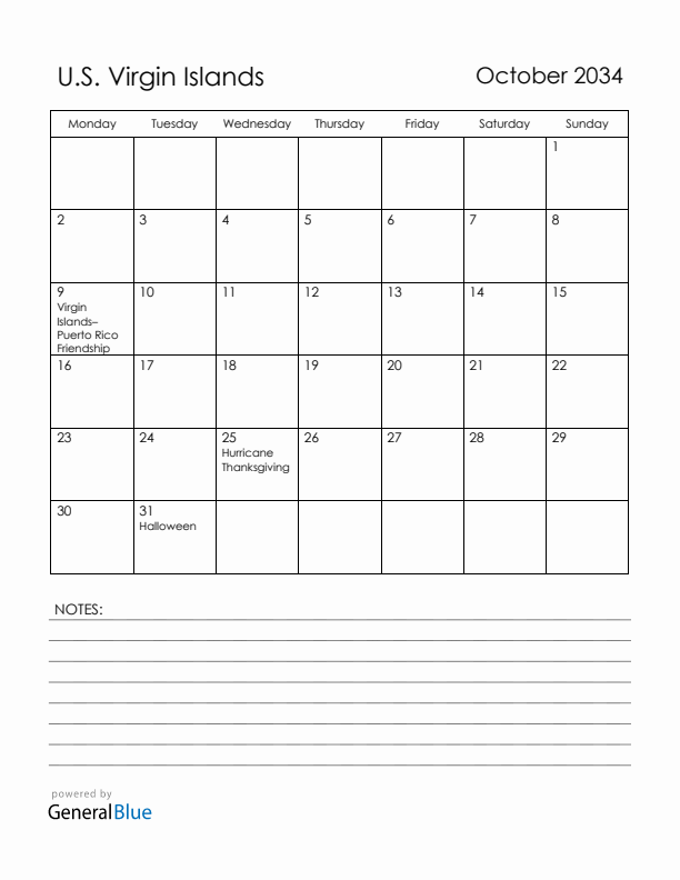 October 2034 U.S. Virgin Islands Calendar with Holidays (Monday Start)