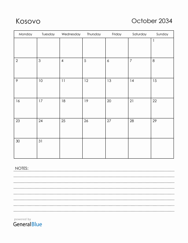 October 2034 Kosovo Calendar with Holidays (Monday Start)
