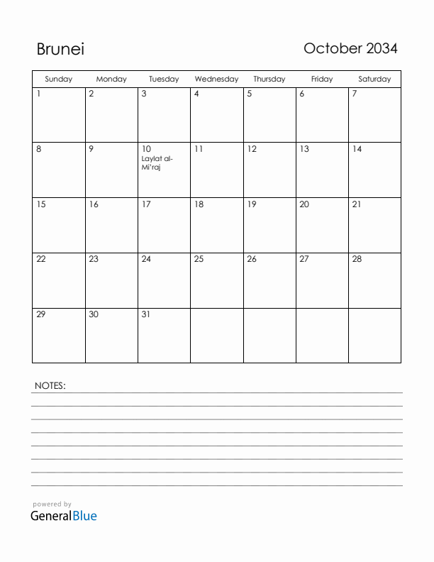 October 2034 Brunei Calendar with Holidays (Sunday Start)