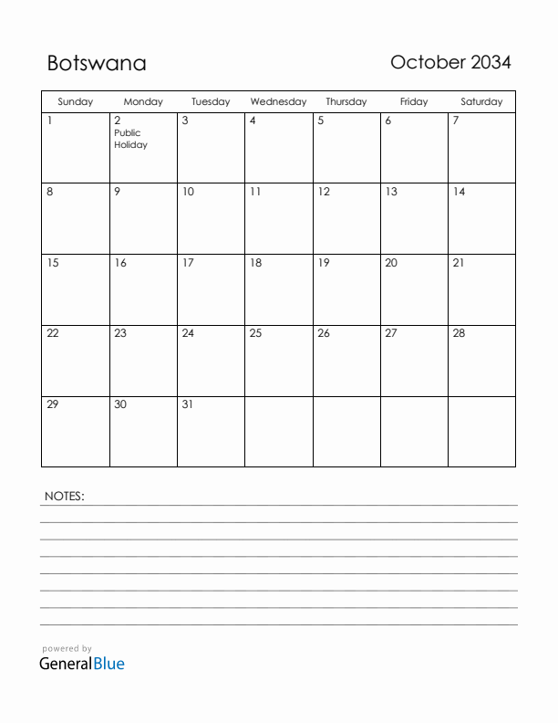October 2034 Botswana Calendar with Holidays (Sunday Start)