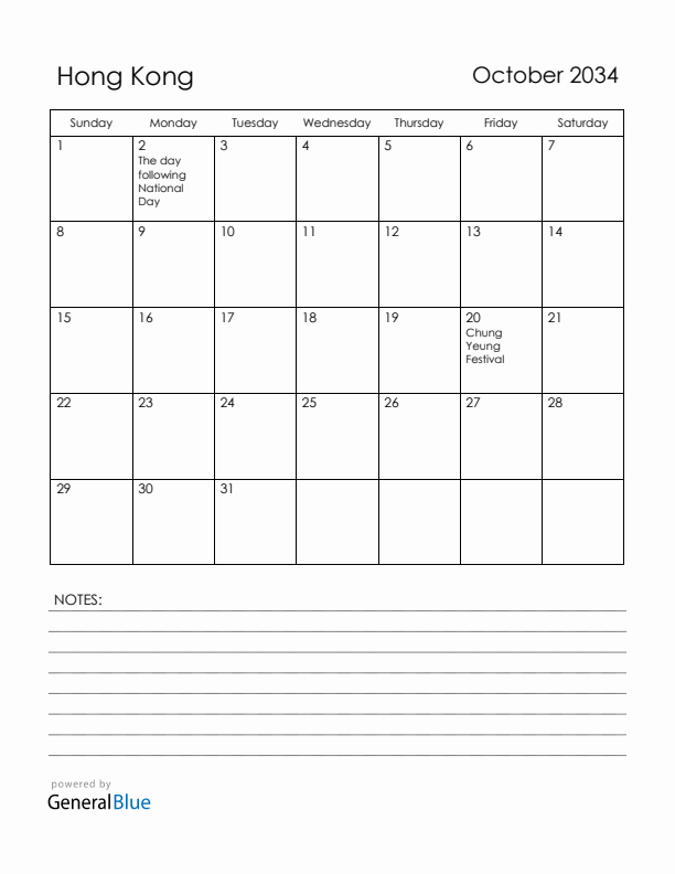 October 2034 Hong Kong Calendar with Holidays (Sunday Start)