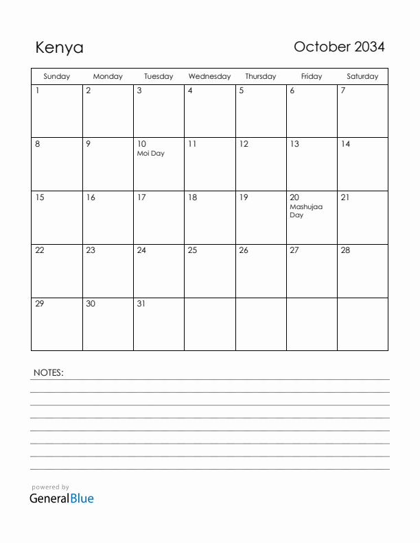 October 2034 Kenya Calendar with Holidays (Sunday Start)