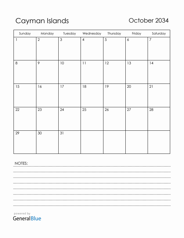 October 2034 Cayman Islands Calendar with Holidays (Sunday Start)