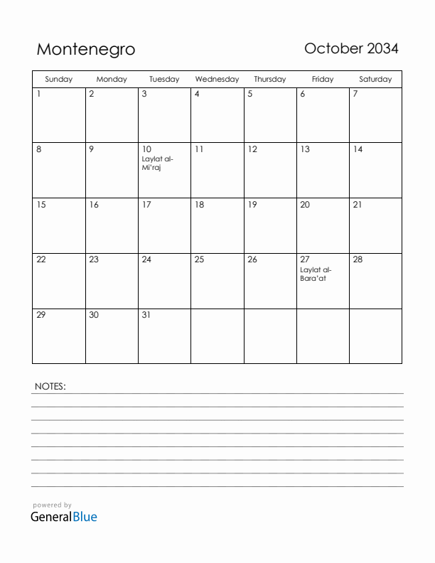 October 2034 Montenegro Calendar with Holidays (Sunday Start)
