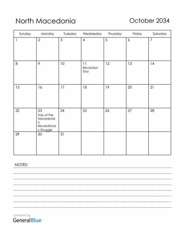 October 2034 North Macedonia Calendar with Holidays (Sunday Start)