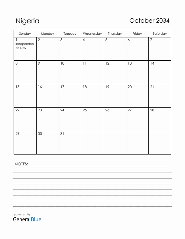 October 2034 Nigeria Calendar with Holidays (Sunday Start)