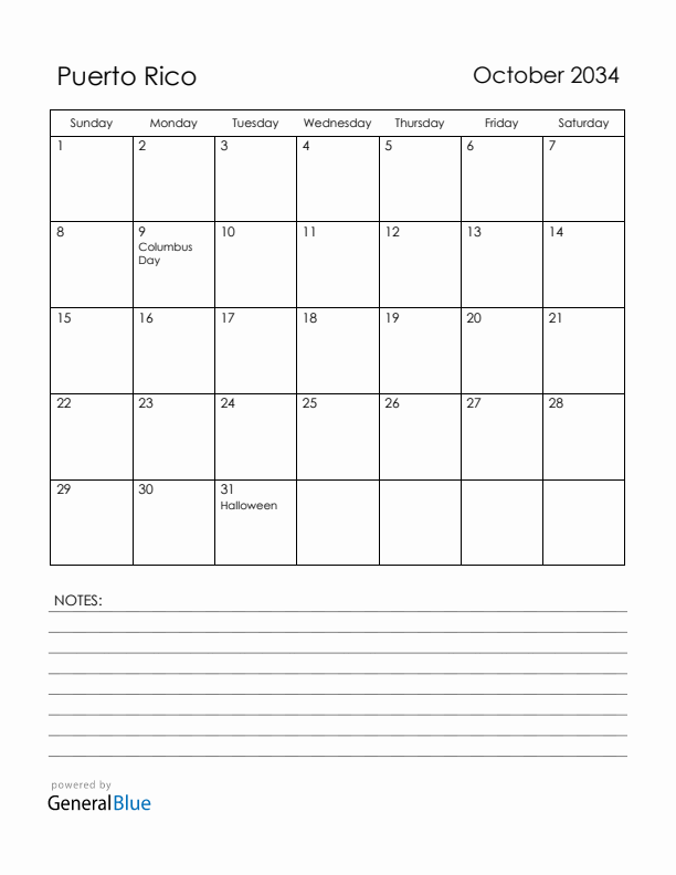 October 2034 Puerto Rico Calendar with Holidays (Sunday Start)
