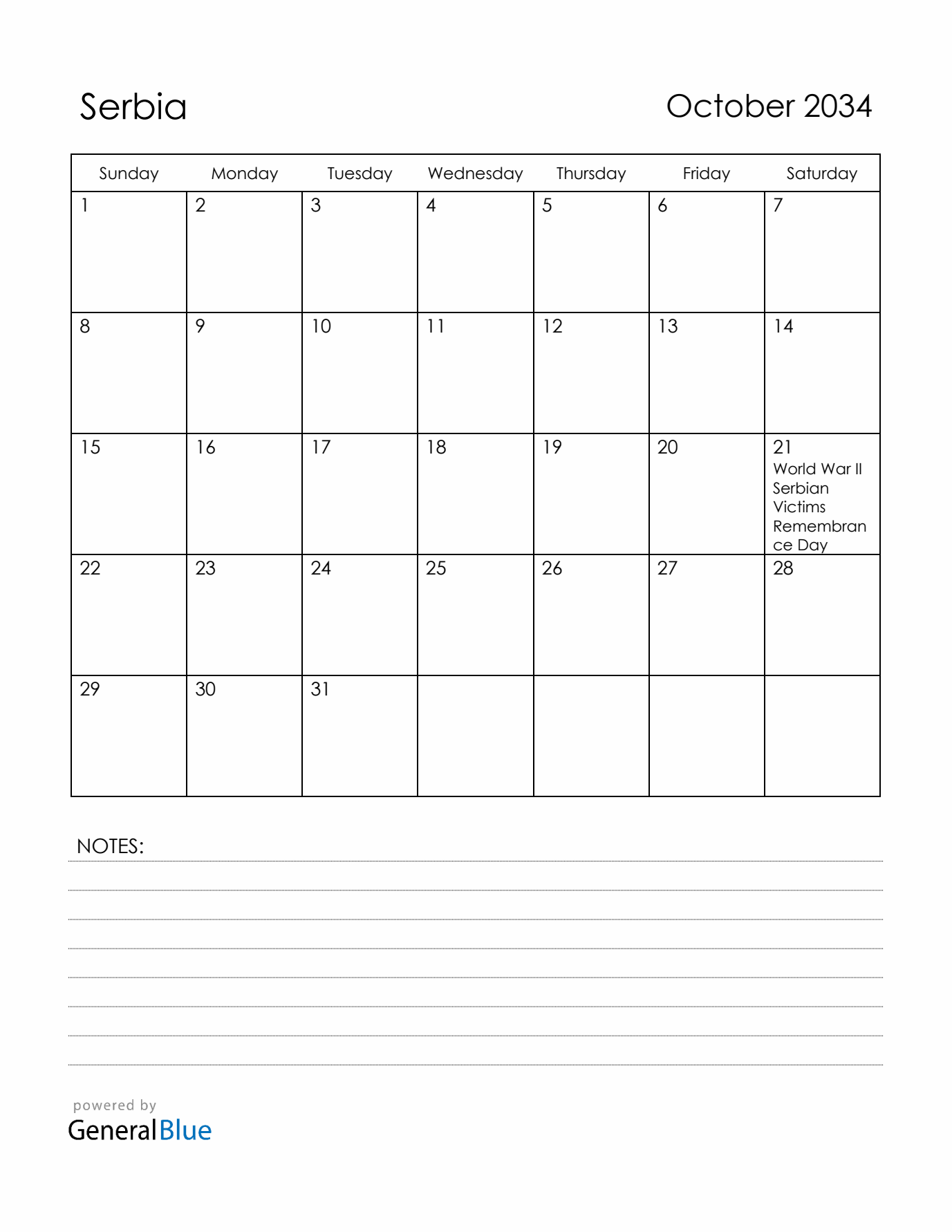 October 2034 Serbia Calendar with Holidays (Sunday Start)