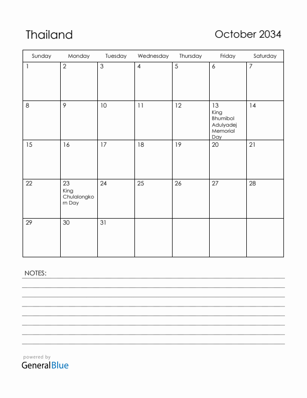 October 2034 Thailand Calendar with Holidays (Sunday Start)