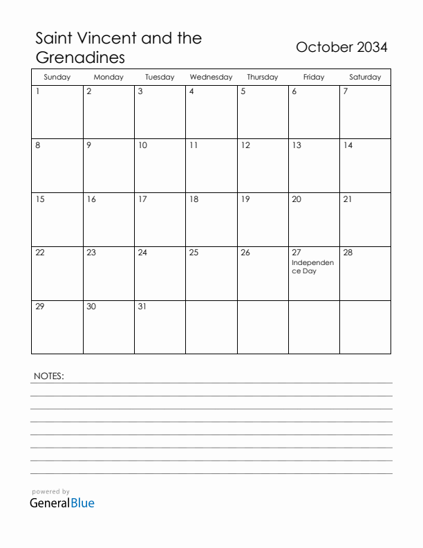 October 2034 Saint Vincent and the Grenadines Calendar with Holidays (Sunday Start)