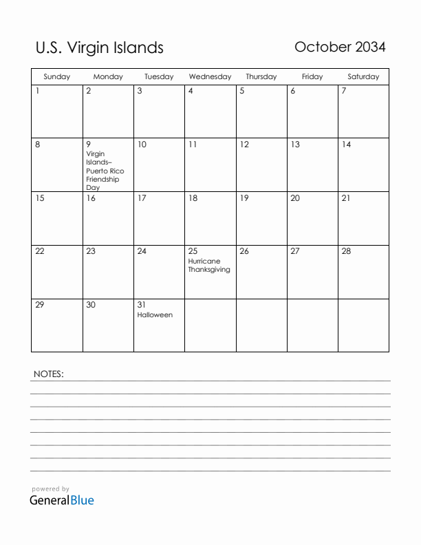 October 2034 U.S. Virgin Islands Calendar with Holidays (Sunday Start)
