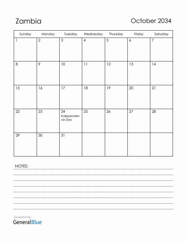 October 2034 Zambia Calendar with Holidays (Sunday Start)