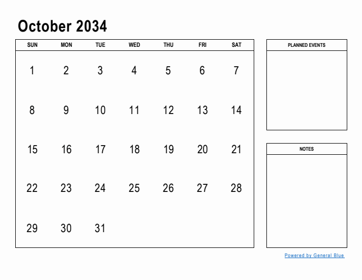 October 2034 Calendar Planner