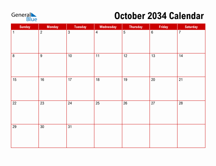Simple Monthly Calendar - October 2034
