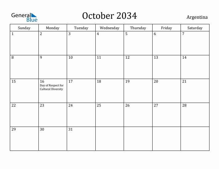October 2034 Calendar Argentina