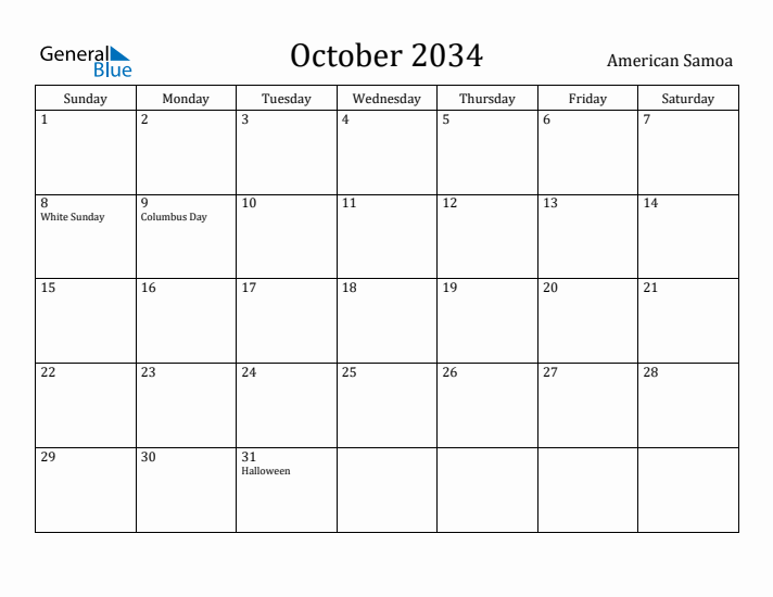 October 2034 Calendar American Samoa