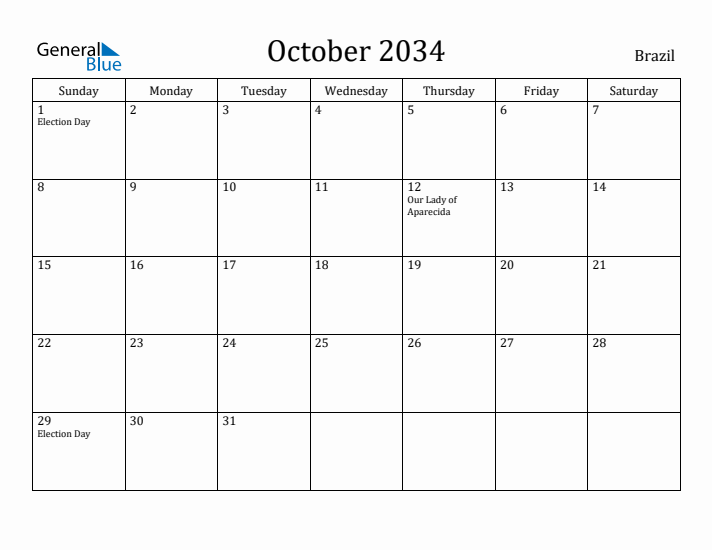 October 2034 Calendar Brazil