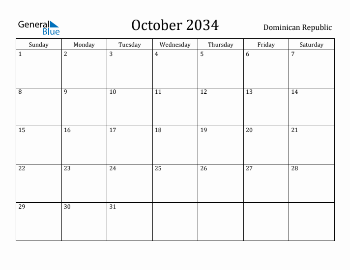 October 2034 Calendar Dominican Republic