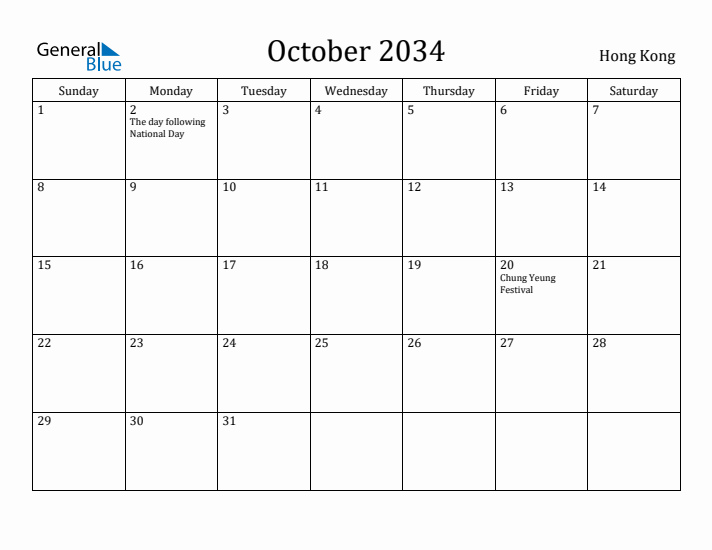 October 2034 Calendar Hong Kong
