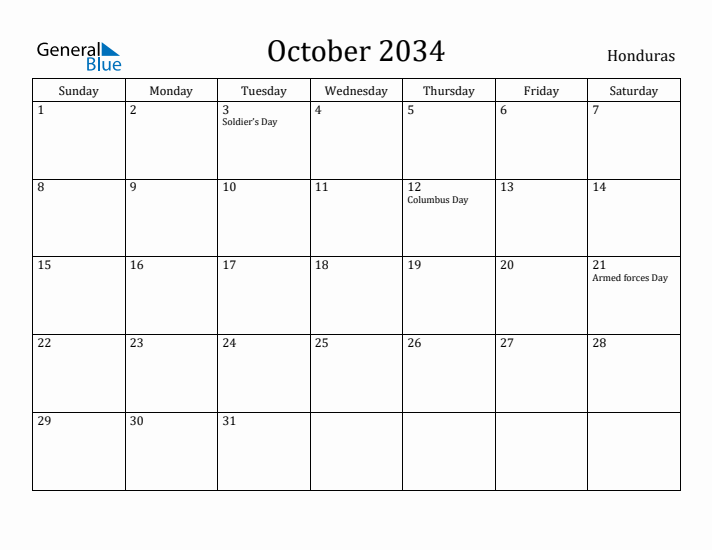 October 2034 Calendar Honduras