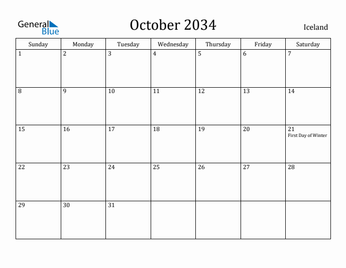 October 2034 Calendar Iceland