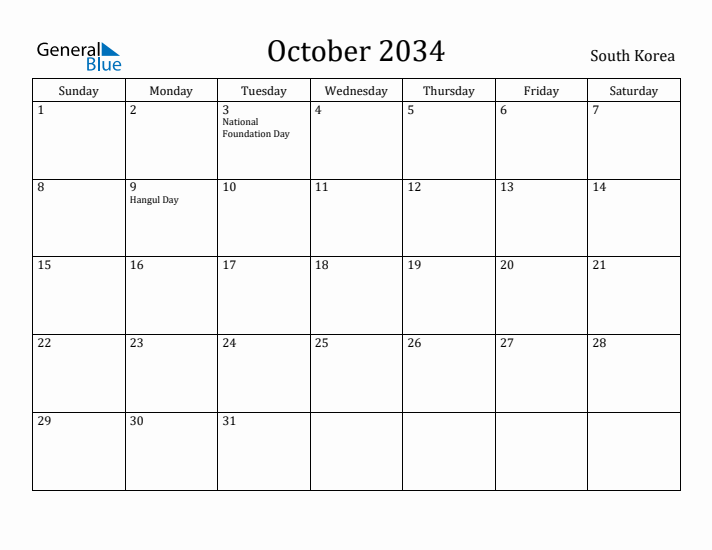 October 2034 Calendar South Korea
