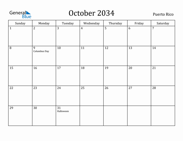 October 2034 Calendar Puerto Rico