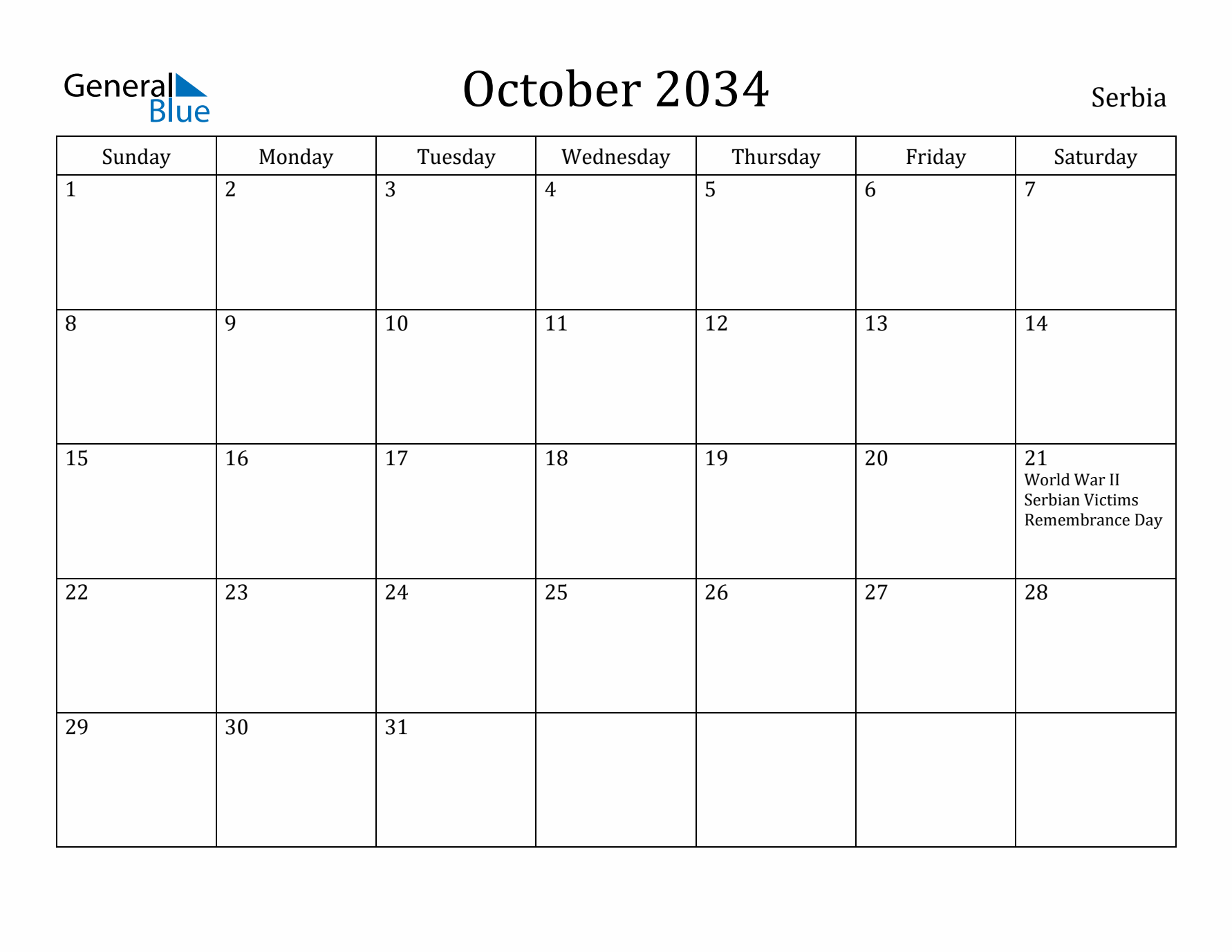 October 2034 Calendar Serbia