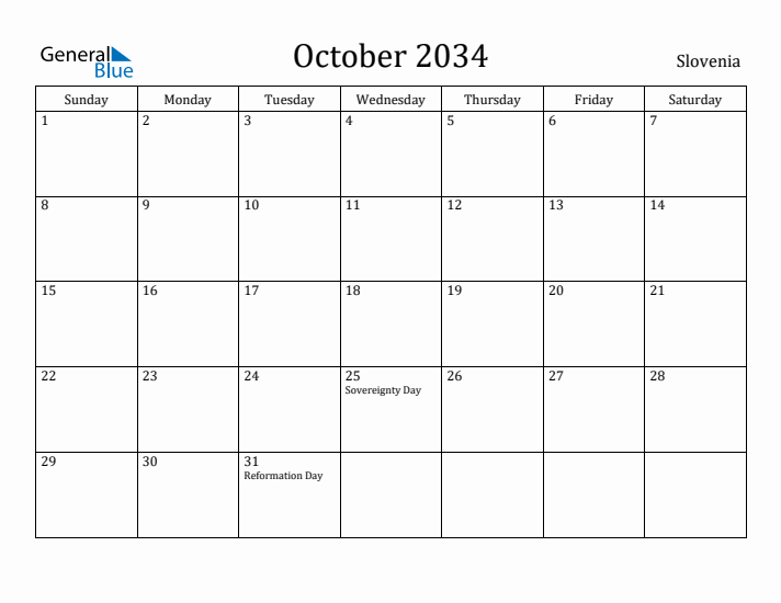 October 2034 Calendar Slovenia