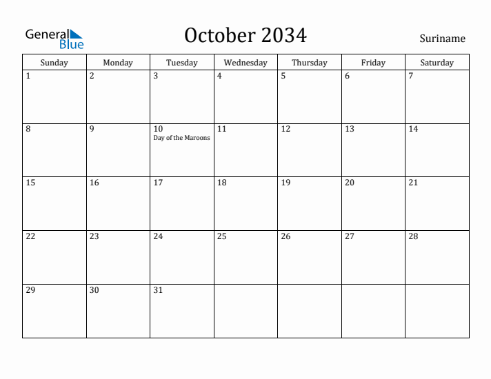 October 2034 Calendar Suriname