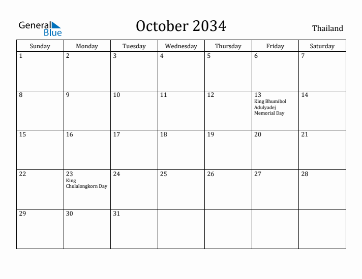 October 2034 Calendar Thailand