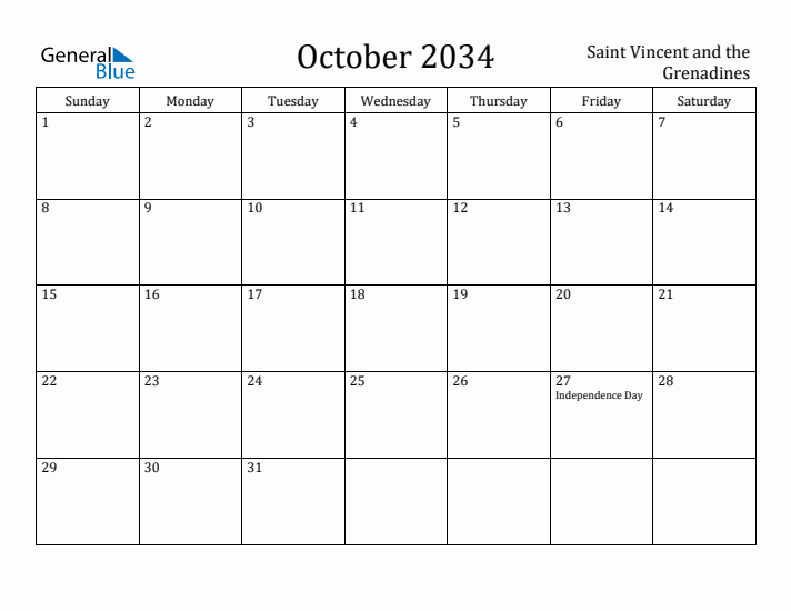 October 2034 Calendar Saint Vincent and the Grenadines