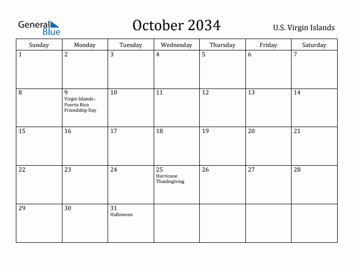 October 2034 Calendar U.S. Virgin Islands