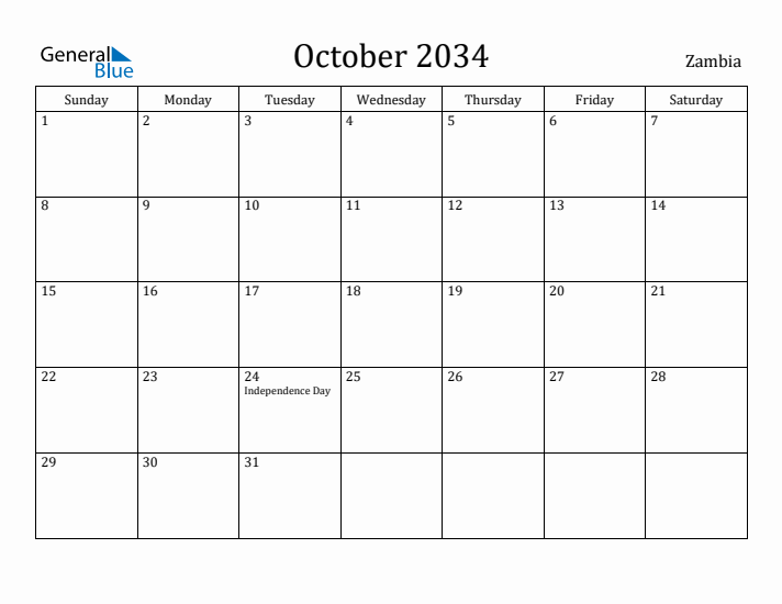 October 2034 Calendar Zambia