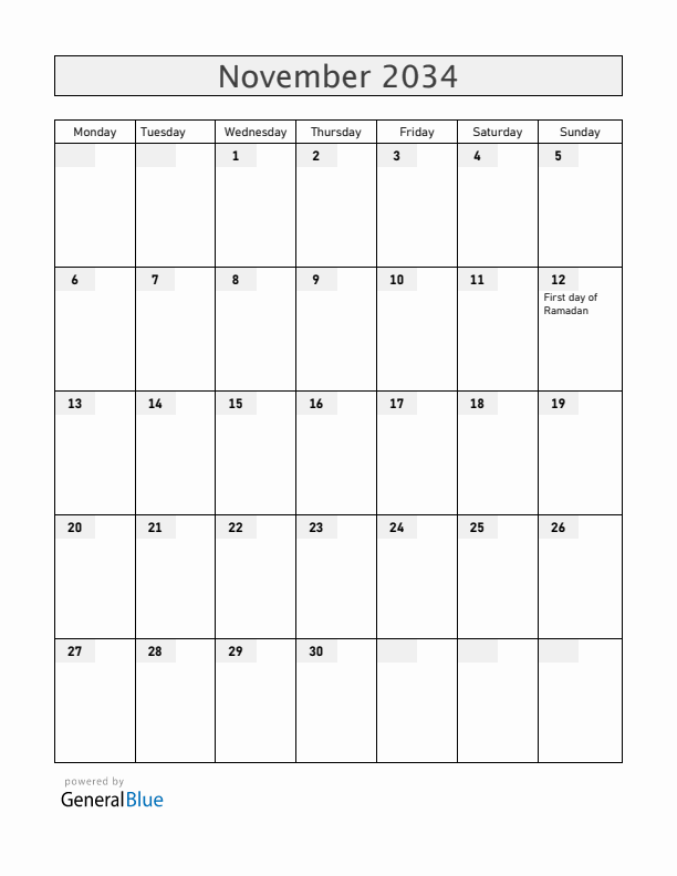 United Arab Emirates November 2034 Calendar with Holidays