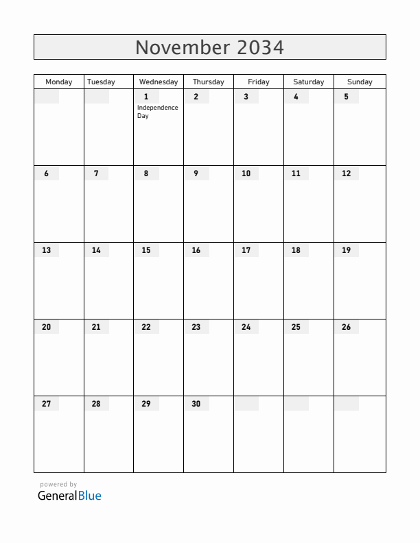 Antigua and Barbuda November 2034 Calendar with Holidays