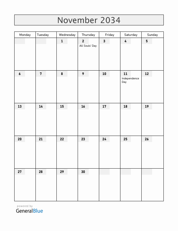 Angola November 2034 Calendar with Holidays