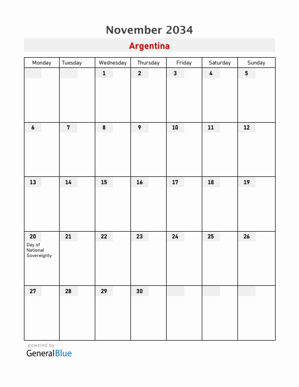 Argentina November 2034 Calendar with Holidays