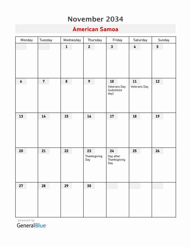 American Samoa November 2034 Calendar with Holidays