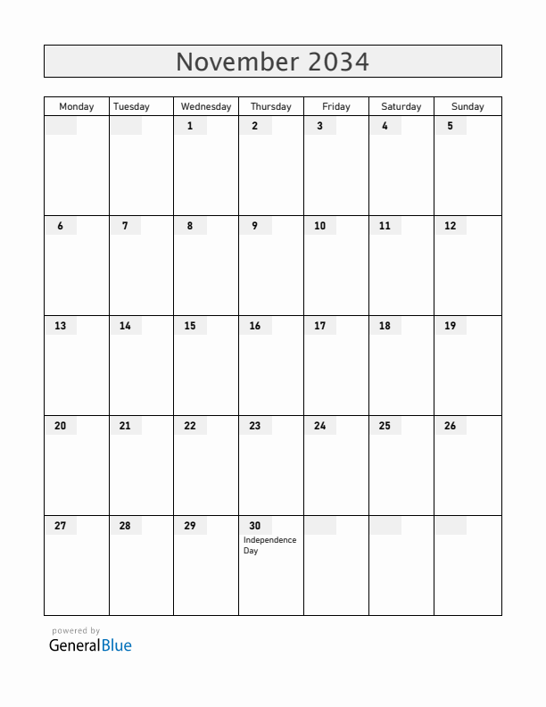 Barbados November 2034 Calendar with Holidays