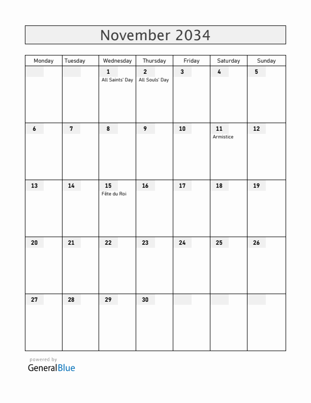 Belgium November 2034 Calendar with Holidays