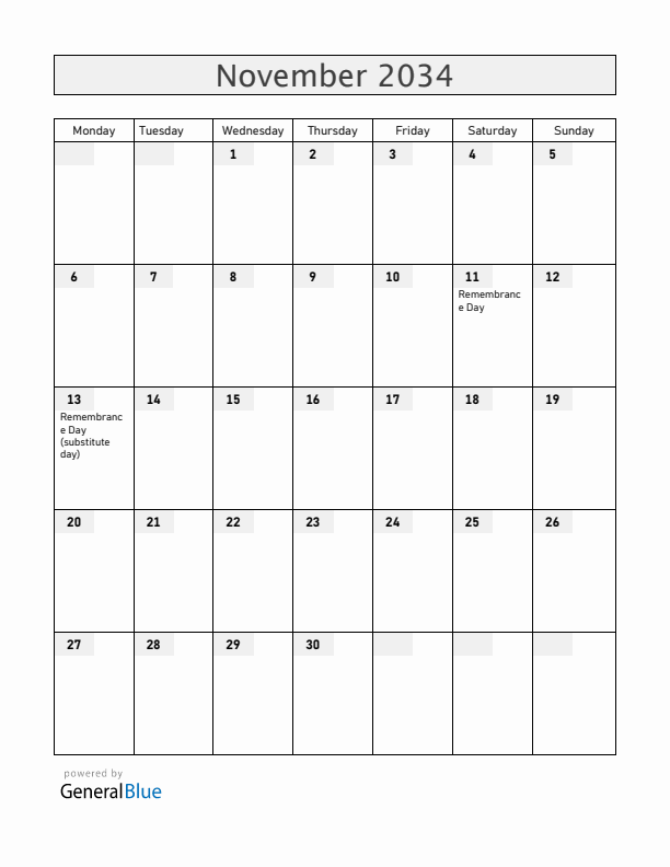 Bermuda November 2034 Calendar with Holidays