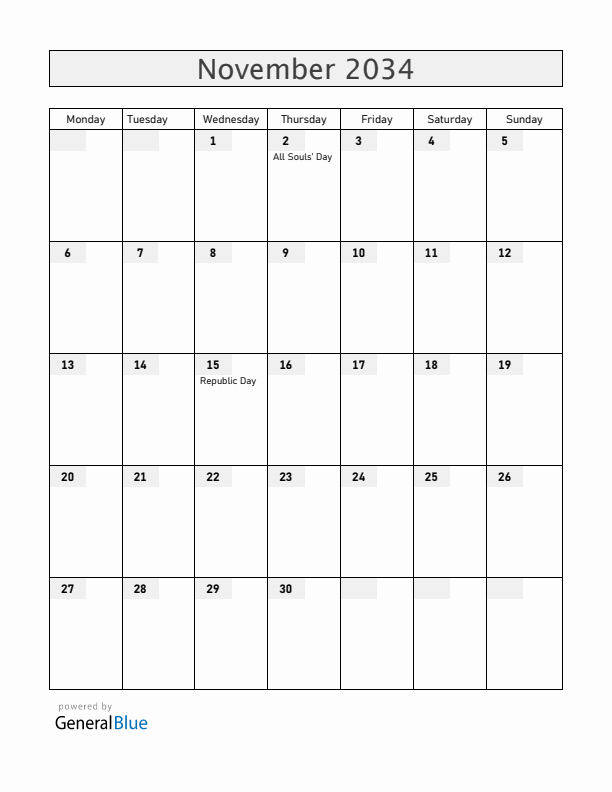 Brazil November 2034 Calendar with Holidays
