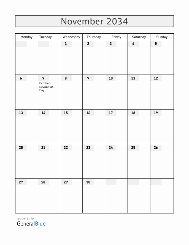 Belarus November 2034 Calendar with Holidays