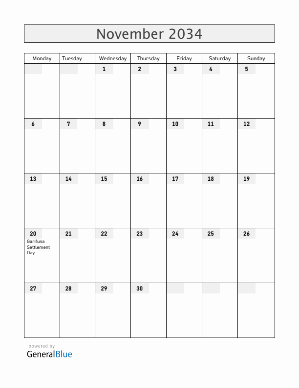 Belize November 2034 Calendar with Holidays