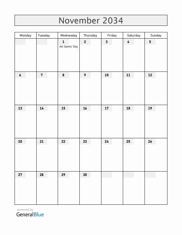 Central African Republic November 2034 Calendar with Holidays
