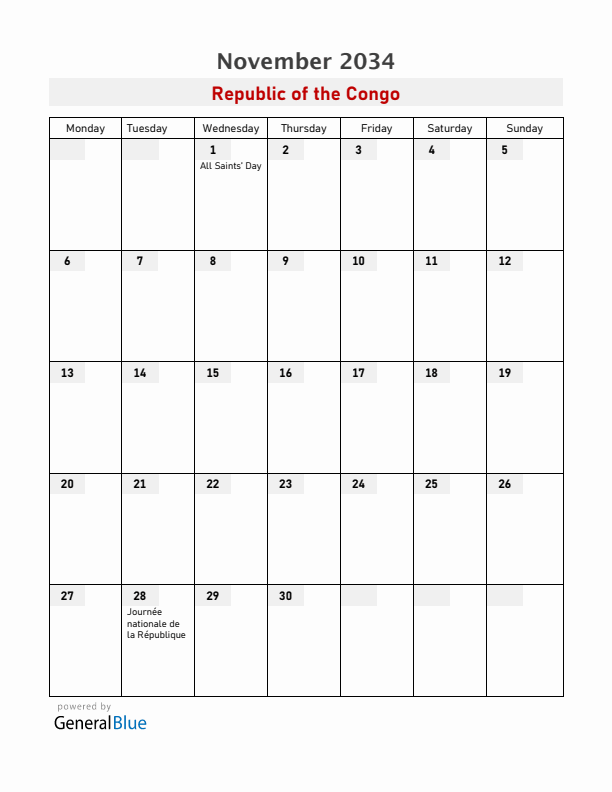 Republic of the Congo November 2034 Calendar with Holidays